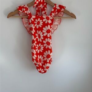 Adorable Red Daisy Print Ruffle One-Piece Romper with optional headband